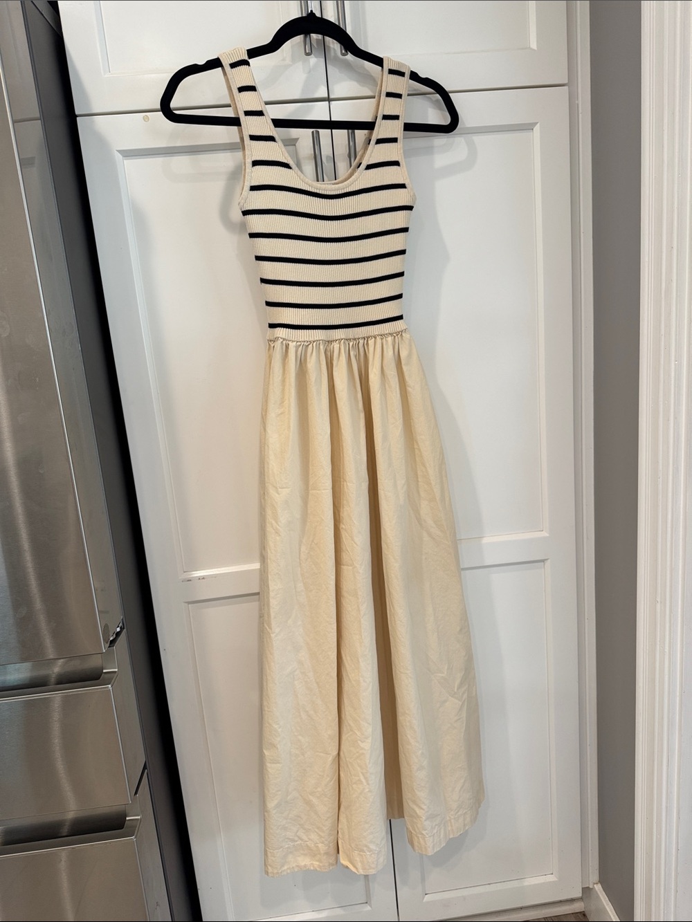 Moon River Cream Maxi Dress with Black Striped Knit Bodice
